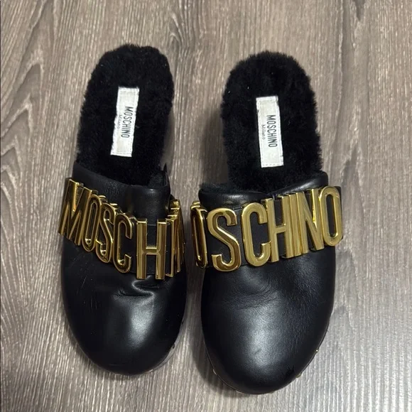 Moschino Black and Gold Slippers with Plush Lining - Picture 1 of 2